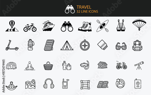 Travel and adventure line icons collection with outdoor activity symbols vector illustration