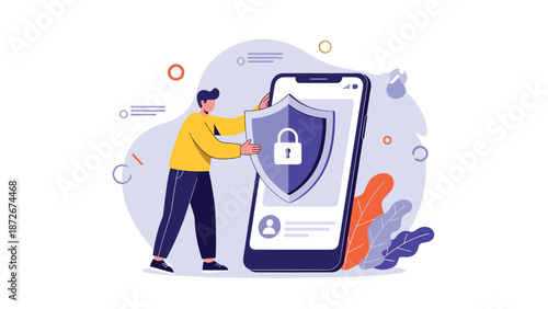 Mobile user secures their personal data by applying a protective shield with a lock icon to a large smartphone screen.