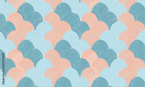Seamless abstract hand painted scallop pattern, Blue and peach brush stroke fish scale background, Acrylic textured mermaid tail design