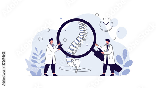 Orthopedic specialists examine a human spine model through a large magnifying glass to diagnose and treat back and neck pain.
