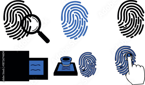 Fingerprint icon set with magnifying glass and ink pad for identity verification and security purposes vector illustration