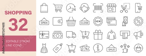 Shopping editable stroke line icons set for commerce and retail