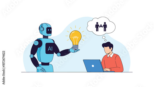 Advanced AI robot offers a bright glowing lightbulb to a man who is thinking about his family representing ethical technology.
