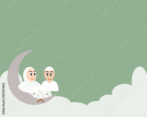 Soft pastel illustration of Muslim family with child on crescent moon, expressing warmth, care, and togetherness during Ramadan.