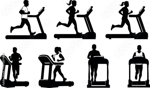 Silhouette runners and walkers exercising on treadmills gym fitness workout vector illustration