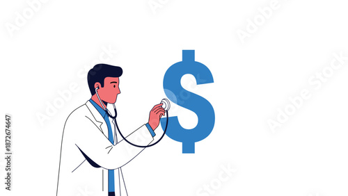 Doctor in a white coat uses a stethoscope to examine a giant blue dollar sign symbolizing financial health and economic status monitoring.