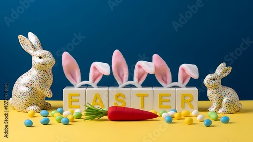 Easter celebration with bunny figurines and colorful eggs on yellow background