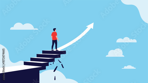 Man in a red shirt stands on a crumbling staircase in the sky while watching a rising white arrow representing career growth and challenges.