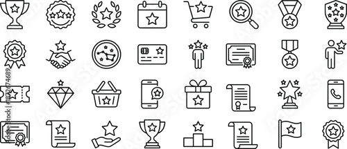 Rewards and loyalty achievement line icons for customer incentives, premium membership, star rating, certificates, recognition, bonuses, and exclusive benefits