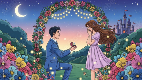 Man proposes to woman with engagement ring in a magical garden romantic proposal under a crescent moon and fairy lights fairytale castle background