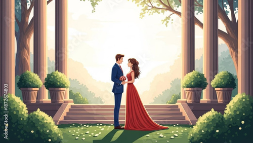 Romantic couple in formal attire standing in a sunlit garden with classical architecture symbolizing love and celebration