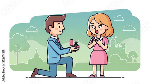 Man proposing marriage to surprised woman with engagement ring romantic proposal scene in flat vector style for wedding or relationship concepts