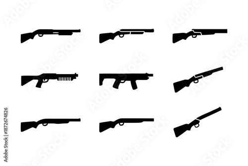 Shotgun Vector Icons set such as Pump Action, Double Barrel, Firearm and Gun