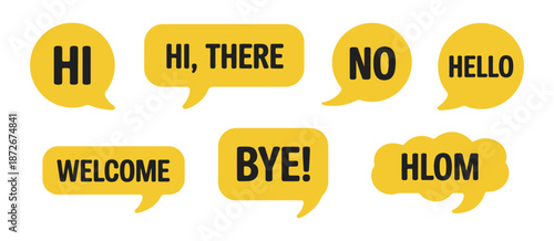Speech Bubble Icons Vector Illustration, hello, hi, welcome, yes, no, bye text stickers, perfect for chat messages, communication apps, social media graphics.