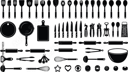 Silhouette kitchenware equipment utensil collection for cooking and food preparation