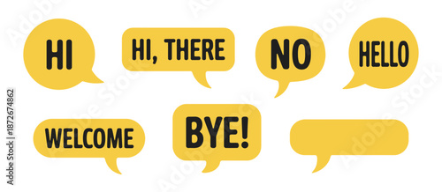 Speech Bubble Icons Vector Illustration, hello, hi, welcome, yes, no, bye text stickers, perfect for chat messages, communication apps, social media graphics.
