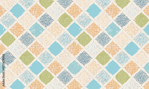Seamless grunge diamond pattern, Multicolor retro harlequin background with distressed texture, Geometric pastel mosaic tile design