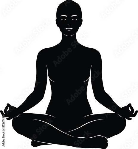 Silhouette of a woman meditating in the classic lotus position with eyes closed demonstrating deep relaxation and mindful stillness against a clean white background, perfect for wellness branding.