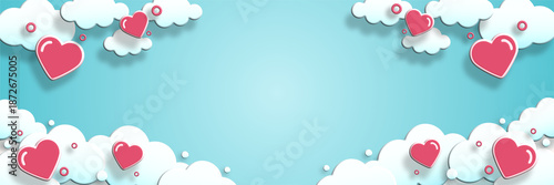 bright blue sky valentines day banner with clouds and floating red hearts