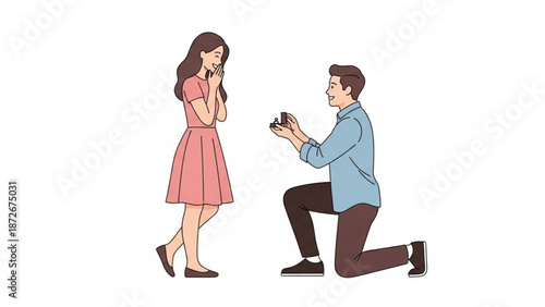 Man proposing marriage to woman with engagement ring romantic proposal scene illustration for love and relationship concepts isolated on white