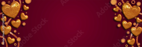 golden hearts valentines day banner with luxury red background and sparkling ornaments