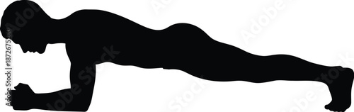 Silhouette graphic illustrating a strong male figure maintaining a perfect forearm plank exercise position engaging the core muscles for fitness training and body conditioning