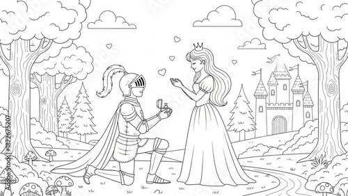 Knight proposing to princess with engagement ring in a fairytale forest romantic proposal scene with castle background line art illustration for coloring