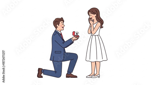 Man proposing marriage with a ring to a surprised woman romantic proposal scene illustration for wedding and engagement concepts