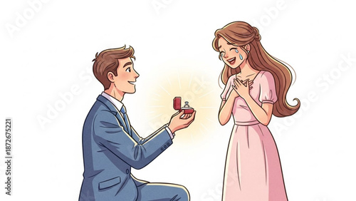 Man proposing marriage with diamond ring in open box woman accepting with joy romantic proposal scene illustration for wedding and engagement concepts