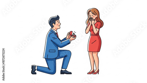 Man proposing with engagement ring to surprised woman romantic gesture illustration for wedding and relationship concepts isolated on white
