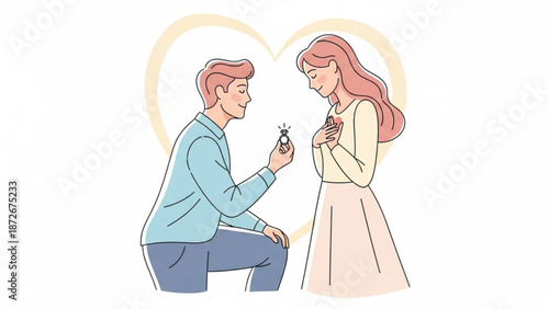 Man proposing marriage with diamond ring to surprised woman romantic engagement concept illustration with heart background