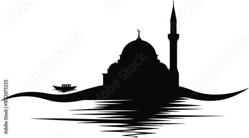 Silhouette of mosque with boat on water Vector