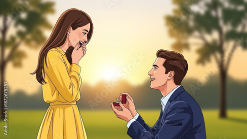 Man proposing to woman with engagement ring romantic outdoor proposal scene couple celebrating love and commitment