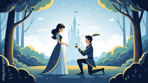 Prince proposing to princess with engagement ring in enchanted forest fairy tale castle background romantic proposal scene
