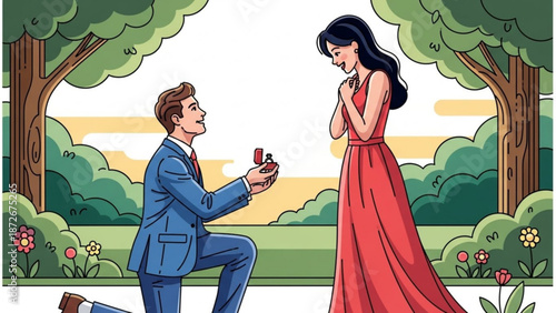 Man proposing marriage to woman in park offering engagement ring in a box romantic proposal scene with happy couple illustration for love and relationships