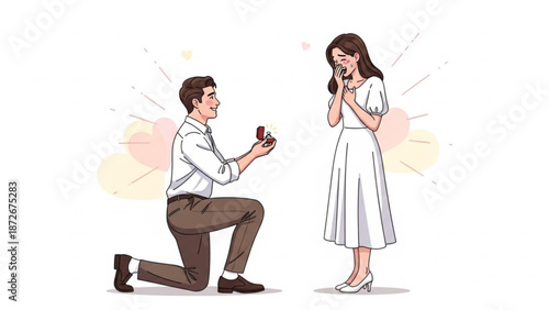 Man proposing marriage to a surprised woman offering a ring in a box romantic proposal scene illustration for wedding or engagement concepts