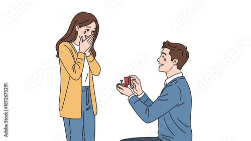 Man proposing marriage with ring box to surprised woman illustration of romantic proposal for wedding or engagement concept isolated on white