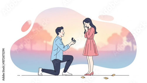 Man proposing marriage to woman with engagement ring romantic proposal scene illustration for love and relationship concepts