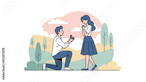 Man proposing marriage to woman with engagement ring romantic outdoor scene with trees and hills illustration for love and relationship concepts