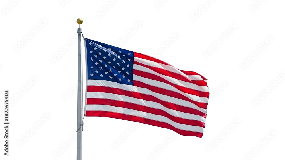 Obraz premium American flag waving on a pole isolated on white background