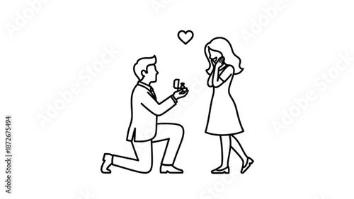 Man proposing marriage to woman with engagement ring romantic gesture simple line art illustration for wedding and relationship concepts