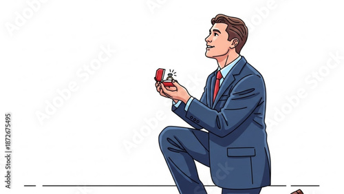 Man in suit proposing with engagement ring romantic gesture for marriage proposal isolated on white background