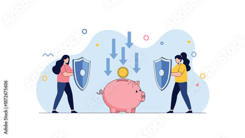 Two women use shields to protect a central piggy bank from a group of downward pointing arrows representing financial safety and risk management.
