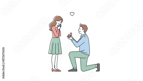Man proposing marriage to a woman with a ring romantic proposal scene simple illustration for wedding or engagement concepts isolated on white