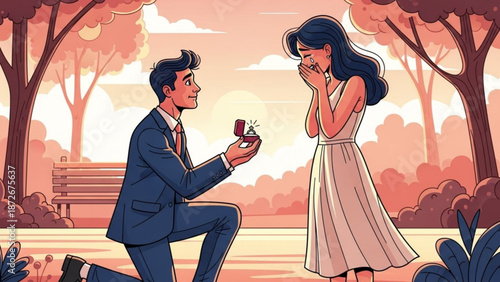 Man proposing marriage to a crying woman with a ring in a park romantic moment illustration for wedding or engagement