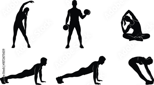 Collection of black silhouette icons depicting various fitness activities including stretching strength training and dynamic warm up exercises for health promotion