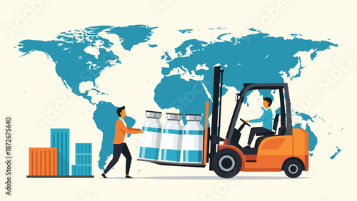 Forklift operator transports large vaccine vials in front of a blue world map to represent the global logistics and distribution of medicine.