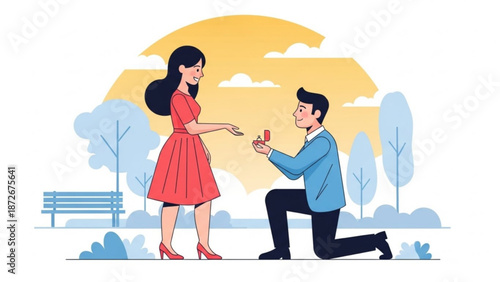 Man proposing to woman with engagement ring in park romantic proposal scene illustration for wedding and relationship concepts