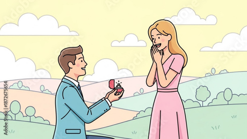 Man proposing marriage to a surprised woman with a diamond ring romantic proposal scene in a park with rolling hills and clouds illustration for love and engagement