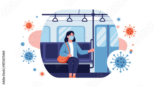 Woman wearing a face mask sits alone on a subway train during a pandemic with floating virus icons representing health risks in public transport.